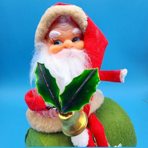 Santa Claus On Rooftop Green Felt Box Ornament Holly Gold Bell & Foil Accents v2 - Picture 3 of 10